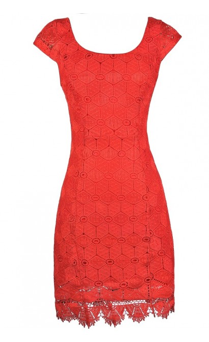 Red Orange Lace Dress, Red Orange Lace Pencil Dress, Fitted Red Orange Lace Dress, Red Orange Summer Dress, Red Orange Party Dress