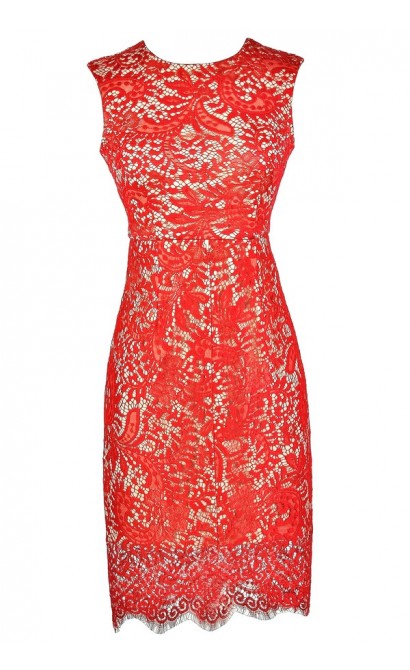 Bright Red Lace Dress, Red Lace Pencil Dress, Cute Bridesmaid Dress ...