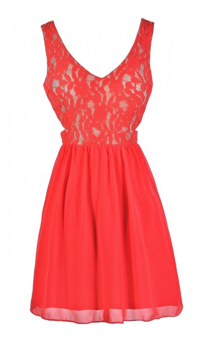 Cute Coral Dress, Coral Lace Dress, Coral Party Dress, Coral Cocktail Dress, Coral Cutout Dress, Coral Chiffon Dress, Coral A-Line Dress