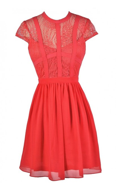 Cute Coral Dress, Coral Lace Dress, Coral A-Line Dress, Coral Party Dress