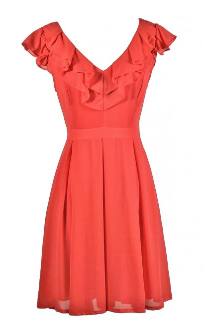 Coral Ruffle Dress, Cute Coral Dress, Coral A-Line Dress, Coral Party Dress, Coral Summer Dress