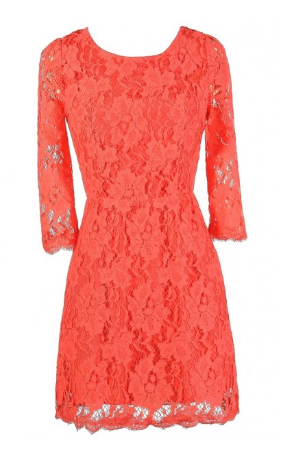 Coral Lace Dress, Cute Coral Dress, Coral Lace Open Back Dress, Coral Lace Summer Dress, Cute Summer Dress, Cute Lace Dress, Coral Lace Sheath Dress, Open Back Lace Dress