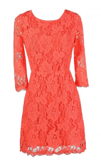 Coral Lace Dress, Cute Coral Dress, Coral Lace Open Back Dress, Coral Lace Summer Dress, Cute Summer Dress, Cute Lace Dress, Coral Lace Sheath Dress, Open Back Lace Dress