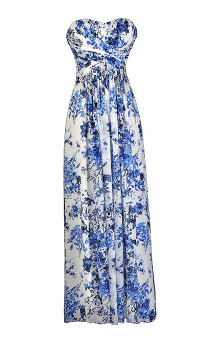 Blue and Ivory Floral Print Maxi Dress, Cute Blue and White Floral Print Dress, Blue and White Floral Print Strapless Dress, Blue and Ivory Floral Print Bridesmaid Dress, Cute Maxi Dress, Floral Print Prom Dress