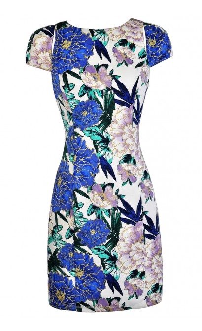 Cute Floral Print Pencil Dress, Watercolor Floral Pencil Dress, Blue and Purple Floral Dress, Floral Print Capsleeve Pencil Dress, Floral Print Summer Dress