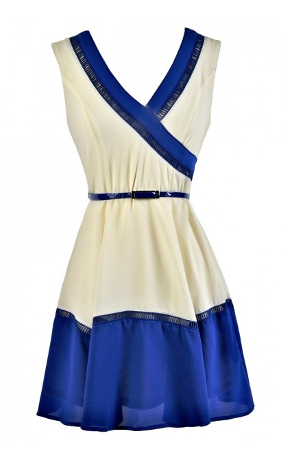 Blue and Ivory Colorblock Dress, Colorblock Belted Dress, Colorblock Summer Dress, Cute Blue and White Dress, Blue and White Colorblock Dress, Blue and Cream Colorblock Sundress, Blue and White Sundress, Cute Summer Dress