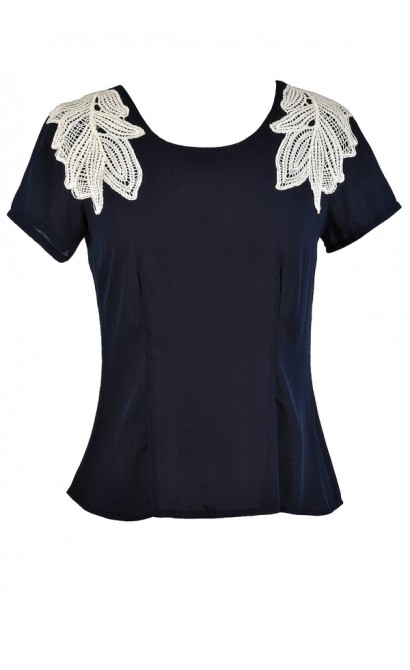 Cute Navy Top, Cute Summer Top, Navy Summer Top, Navy Shoulder Applique Top