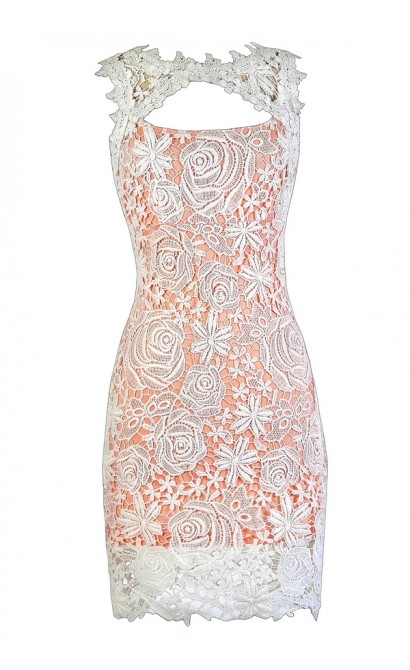 Peach and Ivory Lace Dress, Peach and Ivory Lace Pencil Dress, Peach and Ivory Lace Cocktail Dress, Peach and Ivory Lace Party Dress