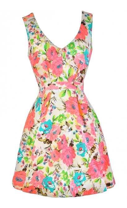 Cute Floral Print Dress, Cute Summer Dress, Neon Pink Floral Print Dress, Floral Print A-Line Dress, Neon Summer Dress