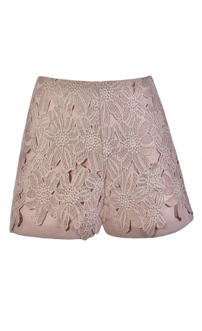 Mocha Blush Lace Shorts, Blush Floral Crochet Lace Shorts, Cute Summer Shorts