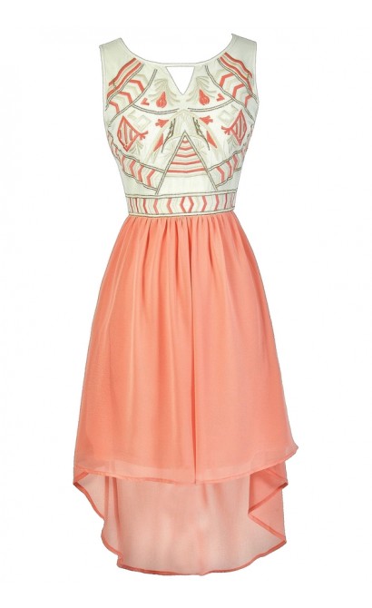 Lily Boutique Peach Embroidered High Low Dress- Peach Summer Dress ...