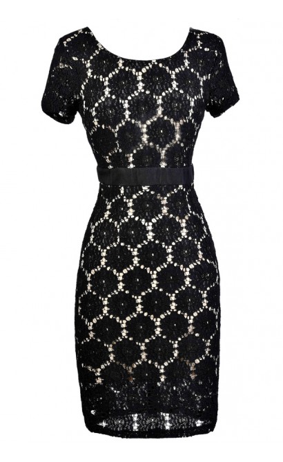 Black and Beige Lace Dress, Black Lace Pencil Dress, Black Lace ...