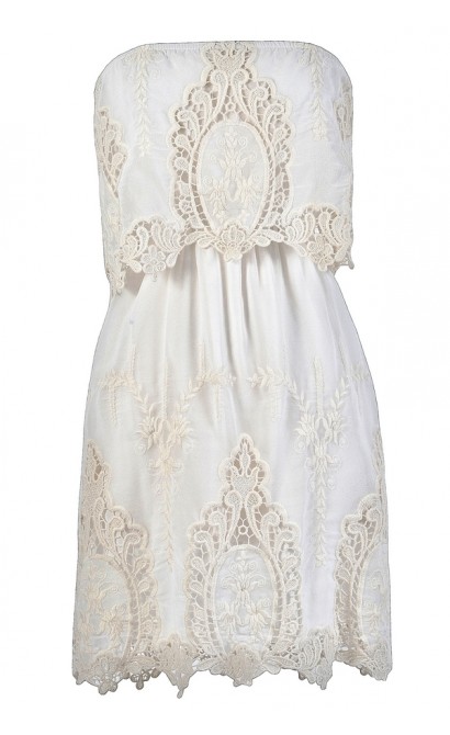 White Crochet Lace Dress, White Lace Summer Dress, White Strapless Lace Dress, White Boho Summer Dress