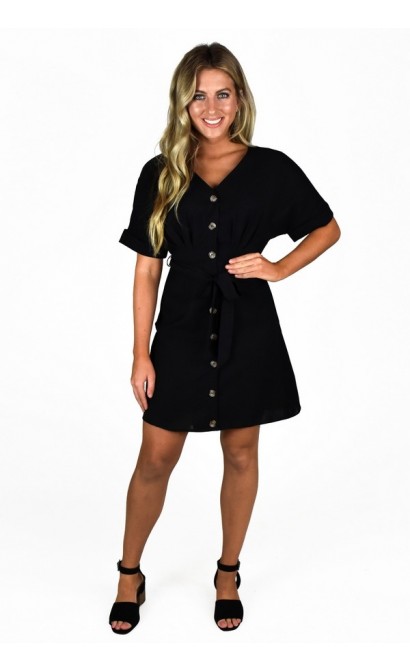 Cute Short Black Button Front Work Dress
