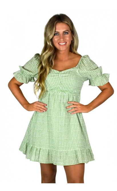 Cute Green and White Puff Sleeve Dot Printed Summer Dress