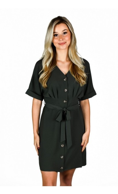 Dark Forest Green Button Front Work Dress