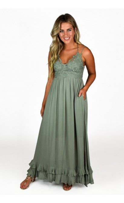 Cute Long Green Lace Top Boho Summer Maxi Dress