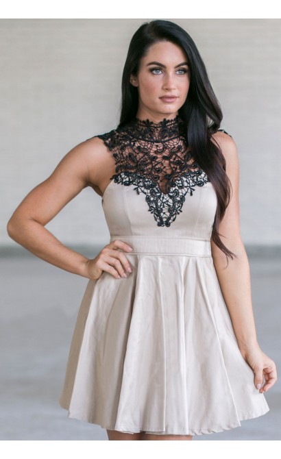 Beige and Black Lace Dress Online, Cute Fall Dress, Cute Summer Dress, High Neck Lace Dress