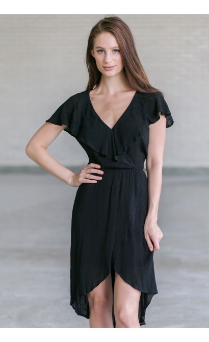 Black Ruffle High Low Dress, Black Summer Dress, Flowy Black Dress Online