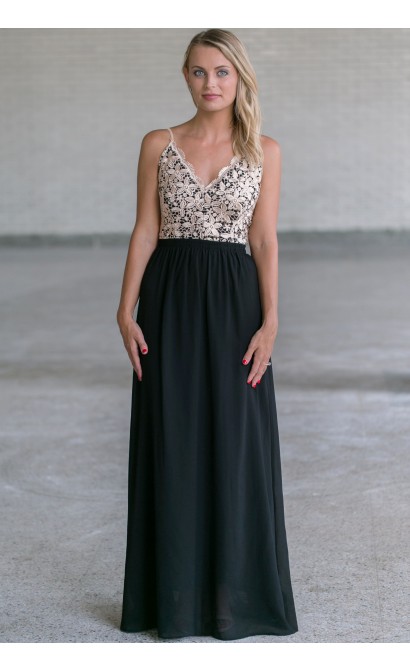 Gold and Black Lace Maxi Dress, Cute Gold and Black Lace Dress Online, Juniors Dresses