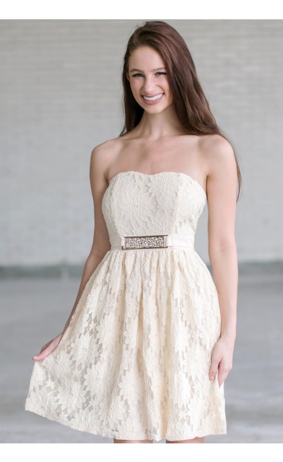 Beige Strapless Lace Dress, Cream Lace Rehearsal Dinner Dress, Lace Bridal Shower Dress