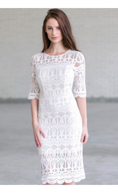 Ivory lace Midi Dress, Ivory Rehearsal Dinner Dress, Off White Bridal Shower Dress