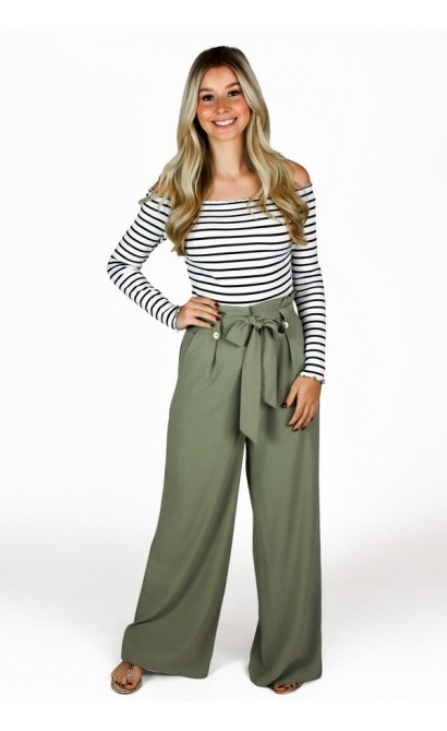 Cute Light Olive Green Tie Front Wide Leg Pants for Women