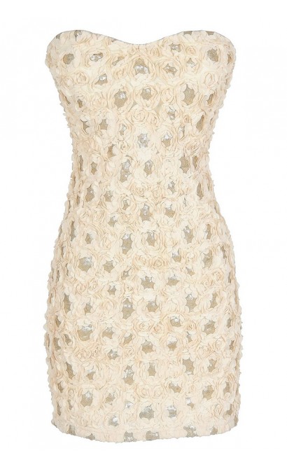 Cream and Gold Petals Textured Sequin Strapless Dress Lily Boutique