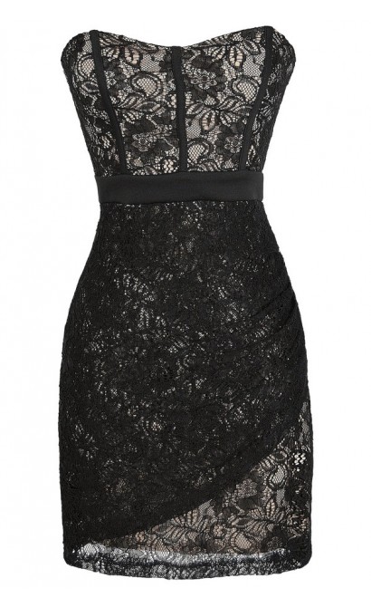 Strapless Lace Dress with Fabric Piping in Black - WHAT'S NEW Lily Boutique