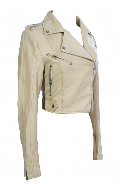 Bridget Vegan Leather Moto Jacket in Beige