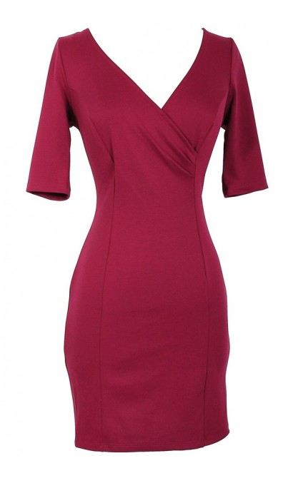 Crossover Fitted Dress With Exposed Zipper in Magenta