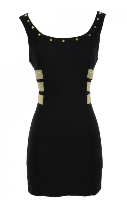 Studded Black and Gold Strappy Black Dress