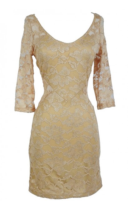 Gold Shimmer Lace Overlay Fitted Bodycon Dress