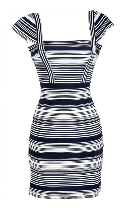 Navy and Ivory Stripe Bandage Sweater Dress