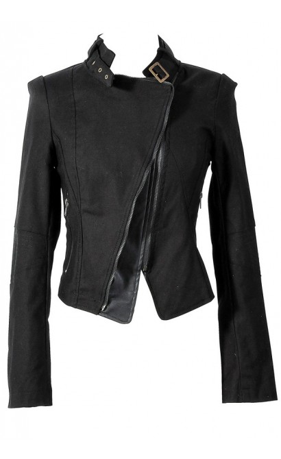 Leatherette Detail Black Moto Jacket