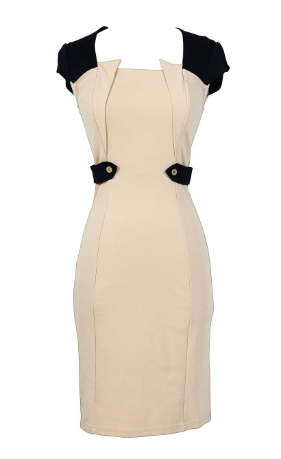 Beige and Navy Designer Pencil Dress