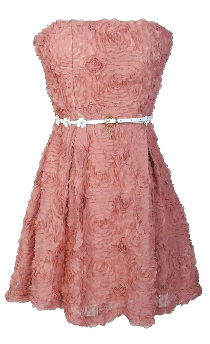 Textured Floral Lace Strapless Belted Dress in Rose 