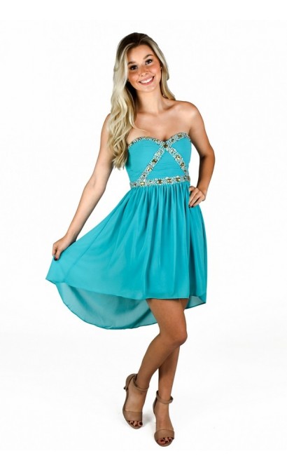 Teal Embellished High Low Rhinestone Dress | Cute Teal Beaded Homecoming Dress | 