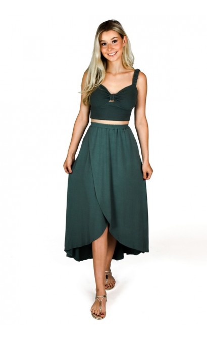 Cute Dark Teal Green Petal Hem Wrap Midi Skirt