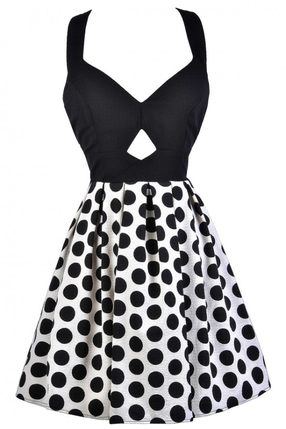 Bow Back Cutout Black and Ivory Polka Dot Dress