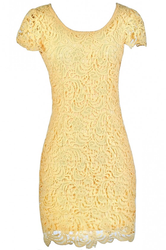 Carrie Capsleeve Lace Pencil Dress in Yellow