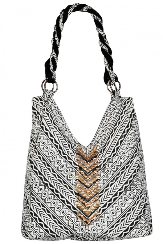 Black Ivory and Gold Aztec Pattern Embellished Bag