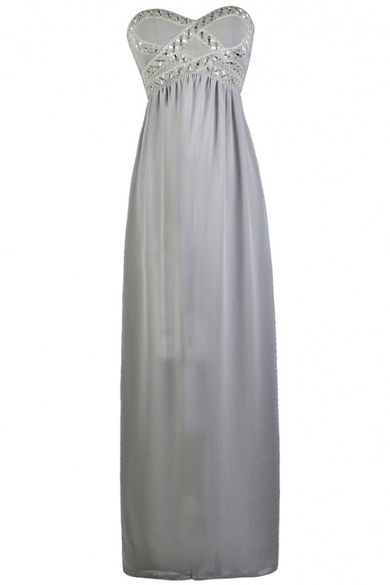 Sparkling Splendor Embellished Chiffon Maxi Dress in Grey