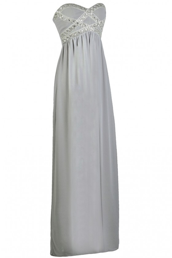 Sparkling Splendor Embellished Chiffon Maxi Dress in Grey
