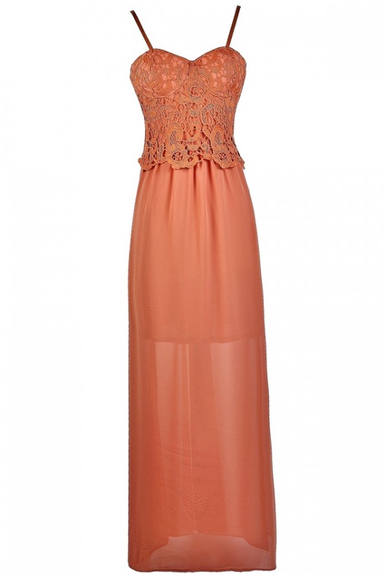 Crochet Lace Flutter Top Maxi Dress in Burnt Coral