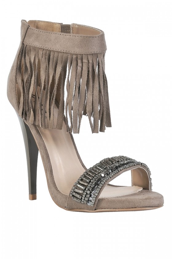 Fringe Benefits Embellished Taupe Heels