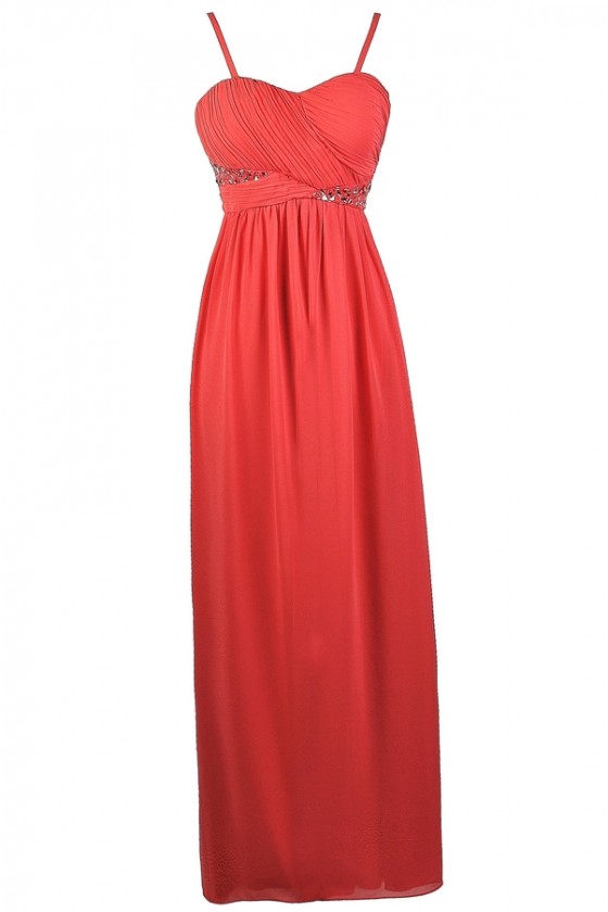 Dream Evening Rhinestone Embellished Maxi Dress in Coral