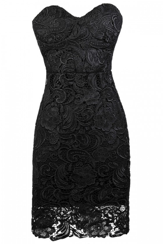 Black Strapless Lace Dress, Black Lace Bustier Dress, Black Lace