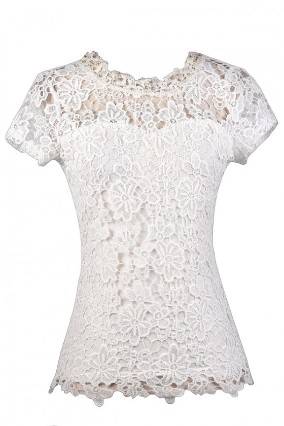 Pearl Glam Embellished Crochet Lace Top in Ivory