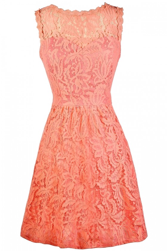 Carly Floral Lace A Line Dress in Coral